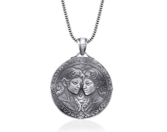 Collar de plata con el signo del zodiaco Géminis, joyería con el signo del zodiaco Géminis, colgante astrológico, regalo astrológico artesanal, colgante de cumpleaños de Géminis con el horóscopo