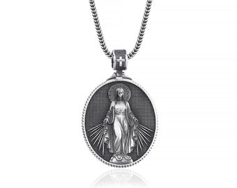 Virgin Mary Necklace for Men and Women, 925 Sterling Silver Miraculous Medal Pendant, Personalized Catholic Christian Jewelry