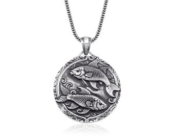 Pisces Necklace, 925 Sterling Silver Koi Fish Pendant, Personalized Zodiac Astrology Birthday Gift