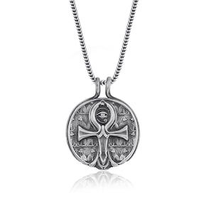Sterling Silver Men&#39;s Ankh Coin Pendant with Serpent Hook, Egyptian Gift Pendant, Egyptian silver charm cross jewelry, Ancient Necklace
