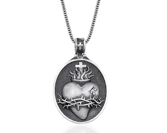 Sacred Heart Silver Necklace, Christian Protection necklace, Religious Jewelry, Family pendant, Christian Gift, Christian Husband Gift