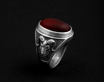 Carnelian Aries Ram Head Gemstone Ring, Carnelian Man Ring, Mens Carnelien Ring, Aries Silver Ring, Ram Ring, Handmade Gemstone Ring
