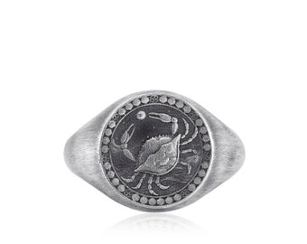 Cancer Zodiac Sign Mens Ring in Silver, Zodiac Pinky Signet Ring in Oxidized Silver, Horoscope Ring For Men, Astrology Jewelry, Zodiac Ring