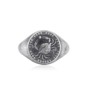 Pierścień męski ze srebra ze znakiem zodiaku Rak, pierścień sygnetowy ze znakiem zodiaku Pinky ze srebra oksydowanego, pierścień z horoskopem dla mężczyzn, biżuteria astrologiczna, pierścień ze znakiem zodiaku