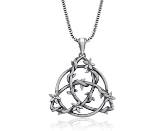 Triquetra in Flowers Necklace Sterling Silver, Celtic Trinity Knot Symbol From Flower Branch Necklace, Pagan Gift For Husband, Gift Necklace