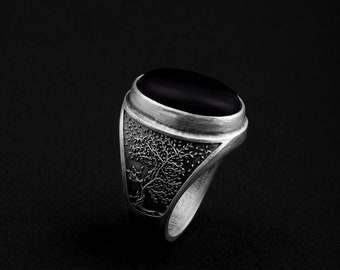 Onyx Tree Of Life Gemstone Ring, Tree Of Life, Nature Jewelry, Mens Promise Ring, Celtic Wedding Band, Gemstone Men Ring, Handmade