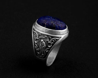 Lapis Lazuli Life and Death Ring, Double-Sided Grim Reaper Angel Ring, Sterling Silver Gothic Ring, Blue Gemstone Ring for Men, Gift For Him