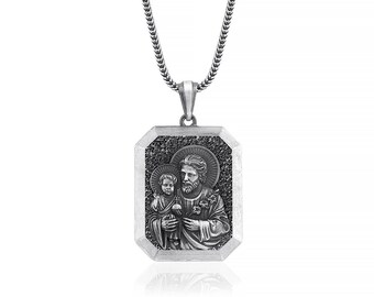 Saint Joseph Necklace, Sterling Silver Square Catholic Medal for Men, Christian Religious Gift