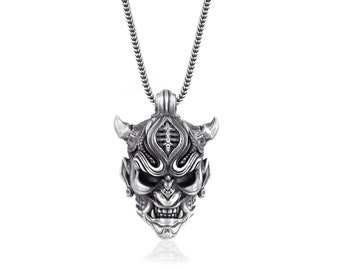 Oni Mask Sterling Silver Necklace, Japanese Art Oni Mask Necklace For Boyfriend, Female Demon Necklace For Girlfriend, Devil Punk Necklace