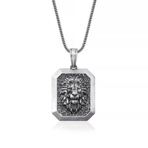 Square Lion Head Necklace, Lion Gift Medallion, African Lion Gift, Silver Lion Necklace, Lion Medallion, Animal Jewelry, Lion Head Pendant
