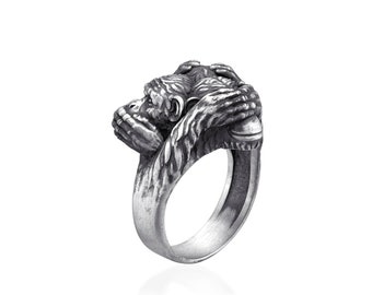 Anillo de plata de ley hecho a mano con tres monos, apilable, único anillo de plata de los Tres Monos Sabios, regalo conmemorativo, regalo de aniversario