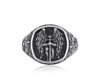 St Michael The Archangel Signet Ring, Sterling Silver Archangel Ring, Christian Rings, Archangel Men Gift Ring, Religious Catholic Jewelry