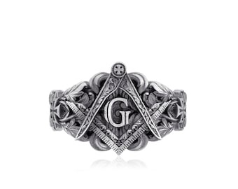 Freimaurer Symbol Sterling Silber Ring, Masonic Siegelring, Freimaurer Ringe, Freimaurer Ring, Freimaurer Ring mit Blumen- und Kreuzmotiven
