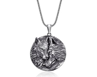 Wolf family With Moon Silver Necklace, 925 Sterling Silver Engraved Necklace, Animal Necklace, Wolf Jewelry, Charming wolf necklace