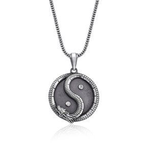 Silver Dragon and Ying Yang Necklace, Jade Pendant, Spiritual Zen Dragon Eastern Jewelry, Cool Male Ring For Boyfriend, Fantasy Necklace
