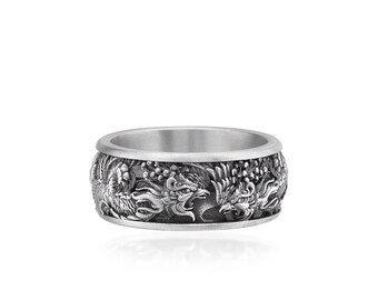 Japanese Dragon Silver Men Band Ring, Men Wedding Band Ring, Handmade Jewelry, Engraved Ring, Best Man Gift, Dragon Gift Ring, Gift For Him