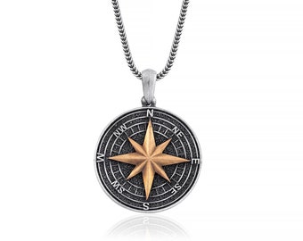 Compass North Star Necklace, Compass Pendant, Compass, Silver and Bronze Pendant Men, Compass, Northstar, Medallion, Northstar Necklace