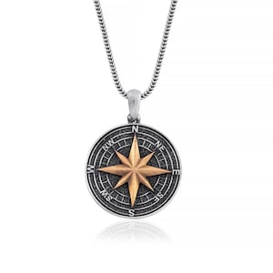 Collar con brújula y estrella del norte, colgante de brújula, brújula, colgante de plata y bronce para hombre, brújula, estrella del norte, medallón, collar de estrella del norte