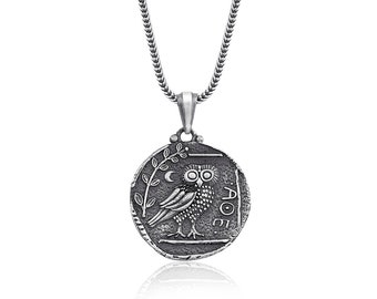 Colgante de moneda de tetradracma de búho, collar de búho de Atenea, réplicas de la antigua Grecia en el Museo de Monedas Griegas, símbolo de la antigua Grecia, colgante de moneda antigua