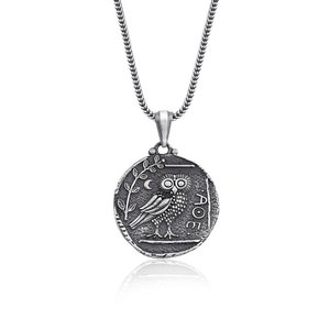 Owl Tetradrachm Coin Pendant, Athena&#39;s owl Necklace, Greek Coin Museum Replicas of Ancient Greece, Ancient Greek Symbol, Old Coin Pendant