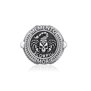 Scorpio Memento Mori Sterling Silver Signet Ring, Zodiac Signet Ring, Scorpion Goth Ring in Oxidized Sterling Silver, Zodiac Signet Ring