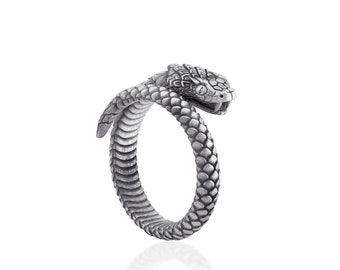 Mens Statement Ring, Sterling Silver Snake Serpent, Gothic Reptile Animal Jewelry Gift