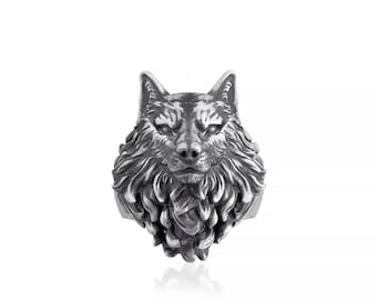 Anillo de lobo con sello para hombre, anillos de lobo salvaje para hombre, anillo de lobo oxidado, joyería para hombre, anillo de regalo para hombre, joyería de animales, anillo de regalo de plata para mamá y papá