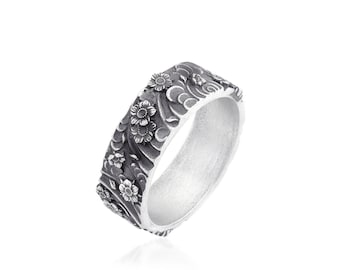 Japanese Flower Band Ring, Spring Blossom Ring, Windswept Design, Flower Silver Band, Flower Ornamental Wedding Silver Ring, Unique Ring