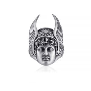 Hermes with Winged Helmet Signet Sterling Silver Pinky Ring for men or women, Ancient Greek Mythology Goddess Ring For Best Friend,Gift Ring