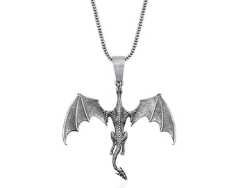 Dragon Necklace, Silver Dragon Necklace, 925 Sterling Silver Winged Flying Fantasy Creature Pendant