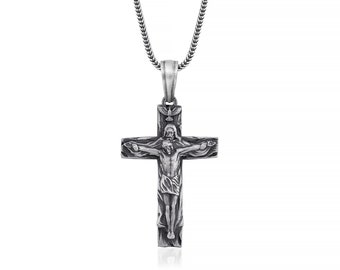 Handmade Holy Trinity Crucifix Necklace, Unique Mens Cross Necklace in Sterling Silver, Ascension Silver Necklace,Christian Crucifix Gift