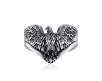Mens Statement Ring, Sterling Silver Winged Eagle, Animal Bird Signet Jewelry Gift