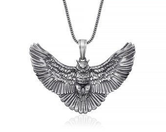 Winged Owl Body Necklace, Owl Necklace, Silver Owl Necklace, Owl Pendant, Owl Jewelry, Owl Charm, Animal Jewelry, Handmade Jewelry