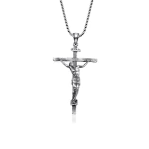 Crucifixion of Jesus Catholic Necklace, Silver Christian Accessory, Engraved Jesus in Cross Mens Pendant in Silver, Religious Necklace