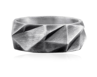 Silver Sculpted Edge Band Ring, Geometric Sterling Silver Men’s Ring, Modern Statement Band, Unique Silver Wedding Ring, Gift for Him