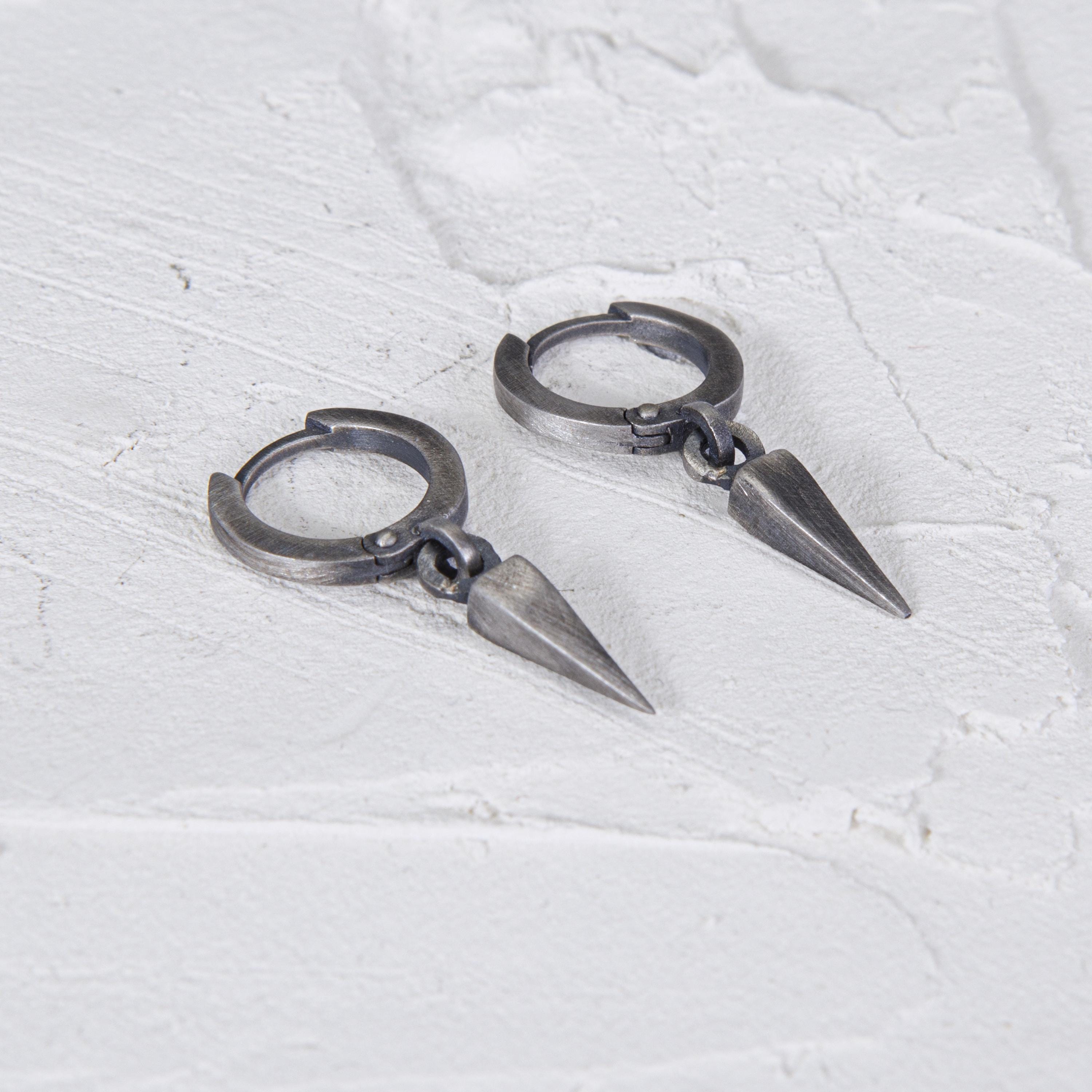 Spike Drop Hoop Earring for Men, Brushed Silver Spearhead Earring, Dagger Inspired Jewelry, Minimal Gothic Punk Gift