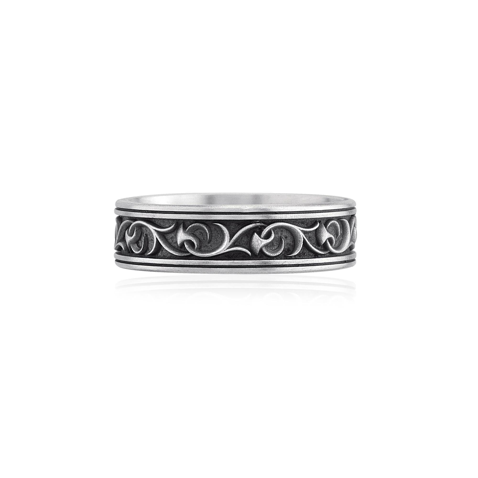 Vintage Floral Silver Ring, 925 Sterling Silver Wedding Band, Botanical Engraved Men’s Ring, Unique Engagement Ring for Him