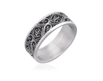 Leaf Vine Band Ring, Sterling Silver Nature Wedding Band, Engraved Botanical Ring, Men’s Vintage Floral Ring, Unique Anniversary Gift
