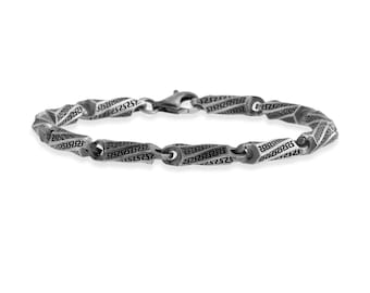 Greek Key Silver Bracelet, Worn Chain Bracelet with Ancient Meander Pattern, Handmade Oxidized Silver Men’s Bracelet