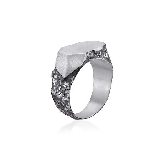 Vintage Brutalist Signet Ring, Oxidized Silver Men's Ring, Rustic