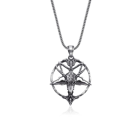 Silver Pentagram With Skull Necklace, Goat Head on Pentagram 