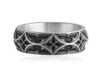 Gothic Quatrefoil Ring, 925 Sterling Silver Architectural Geometric Band