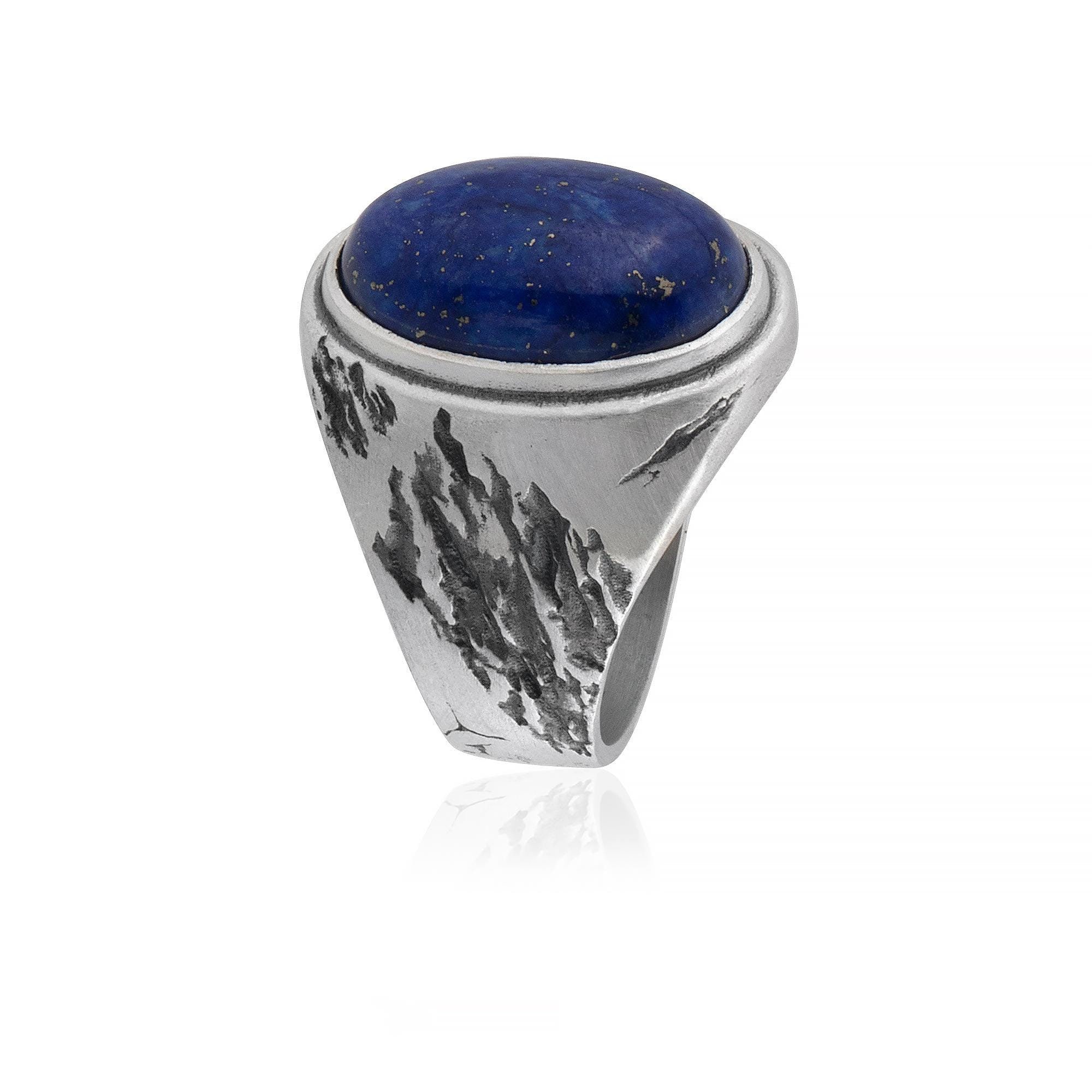 Lapis Lazuli Broken Silver Men Ring, Gemstone Signet Mens Ring, Gemstone Gift Rings, Blue Stone Ring, Unique Ring, Silver Husband Ring