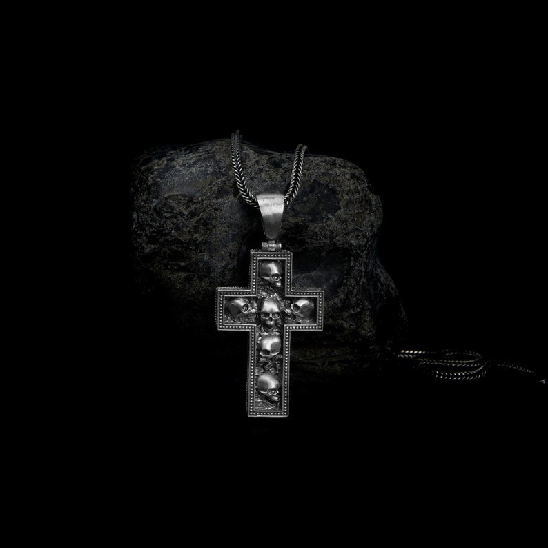 Skulls In Cross Necklace, Cross Crucifix, Goth Gothic Medieval, Skull Pendant, Skull Necklace, Gothic Pendant, Gothic Jewelry, Handmade image 1