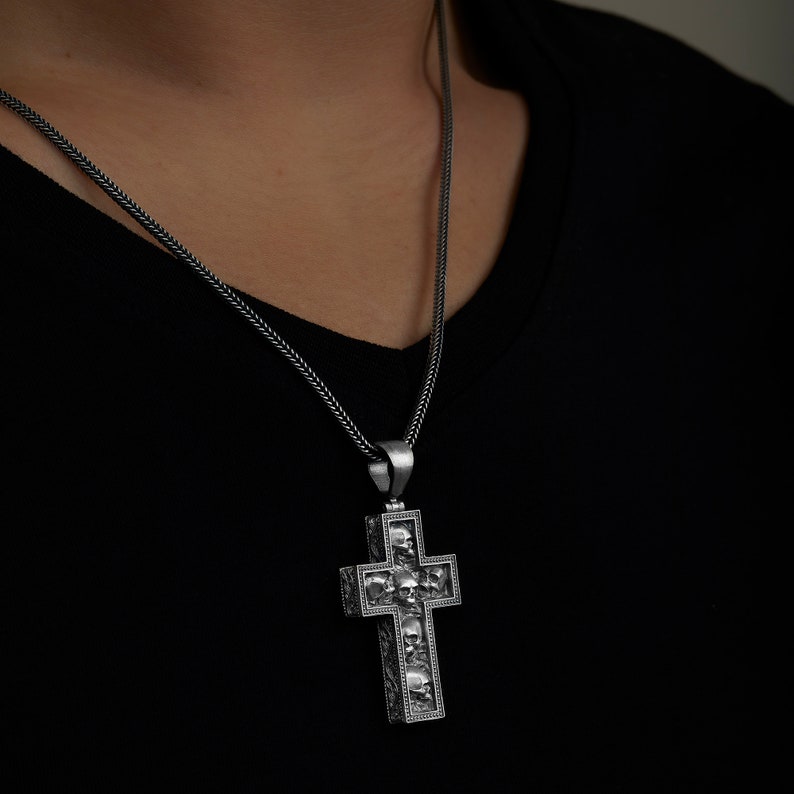 Skulls In Cross Necklace, Cross Crucifix, Goth Gothic Medieval, Skull Pendant, Skull Necklace, Gothic Pendant, Gothic Jewelry, Handmade image 4