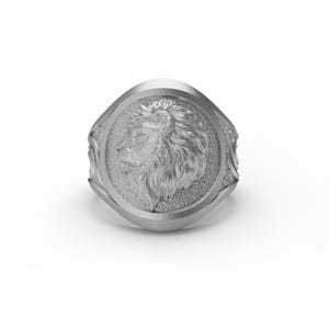 Puede incluir: Un anillo de plata con un dise&ntilde;o de cabeza de le&oacute;n. El anillo es de forma ovalada y tiene una superficie texturizada.