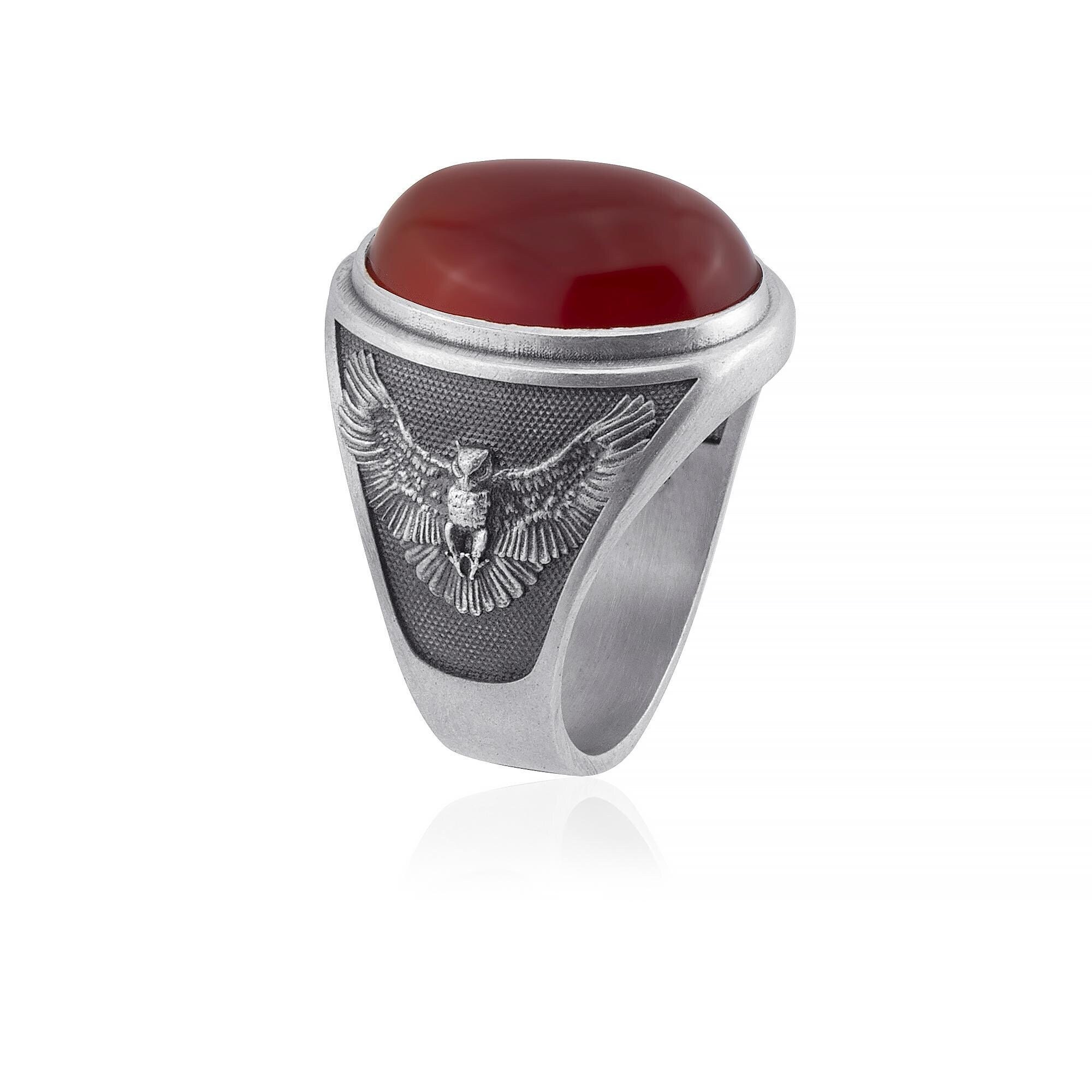 Carnelian With Owl Men Silver Ring, Red Stone Owl Pinky Ring, Carnelian Signet Ring, Oxidized Silver