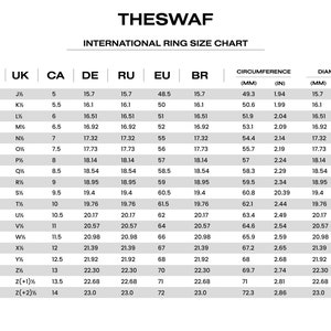 Puede incluir: Un gr&aacute;fico que muestra los tama&ntilde;os de anillo internacionales en mil&iacute;metros y pulgadas. El gr&aacute;fico incluye las siguientes columnas: EE. UU., Reino Unido, CA, DE, RU, UE, BR, Circunferencia (mm), Circunferencia (pulgadas), Di&aacute;metro (mm) y Di&aacute;metro (pulgadas).