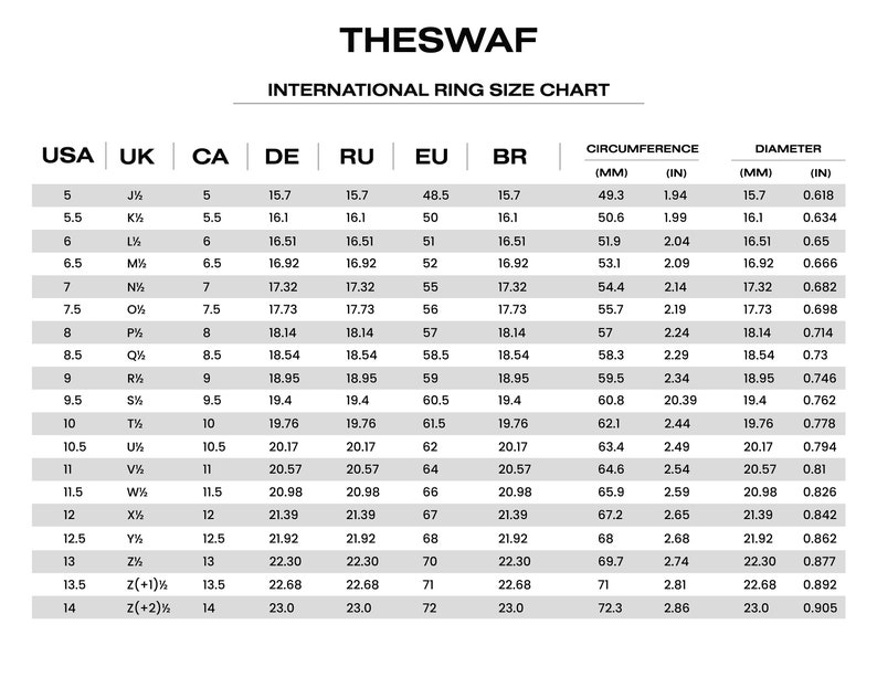 Puede incluir: Un gr&aacute;fico que muestra los tama&ntilde;os de anillo internacionales en mil&iacute;metros y pulgadas. El gr&aacute;fico incluye las siguientes columnas: EE. UU., Reino Unido, CA, DE, RU, UE, BR, Circunferencia (mm), Circunferencia (pulgadas), Di&aacute;metro (mm) y Di&aacute;metro (pulgadas).