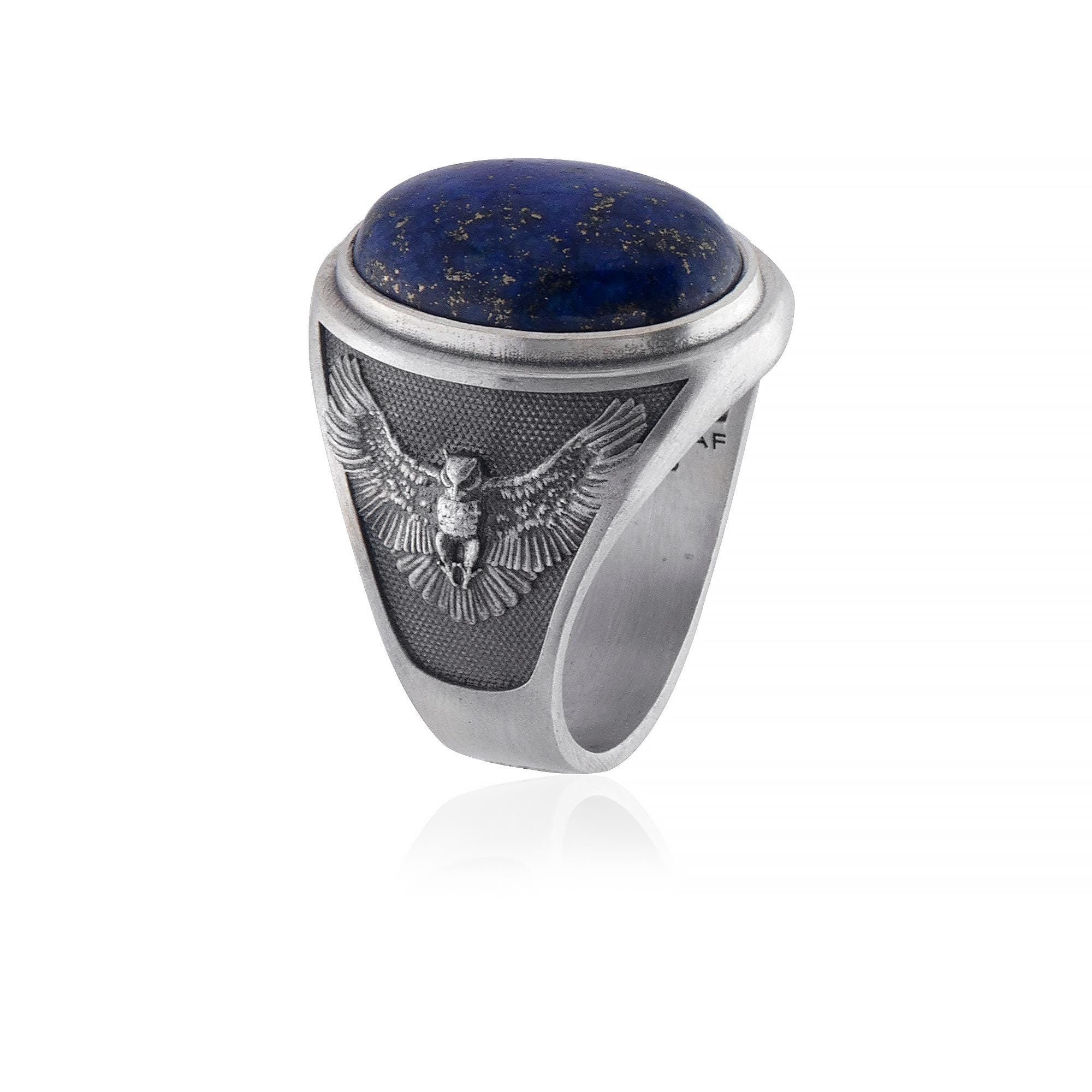 Lapis Lazuli With Owl Men Silver Ring, Lapis Lazuli Owl Pinky Ring, lapis Signet Ring, Oxidized Silv
